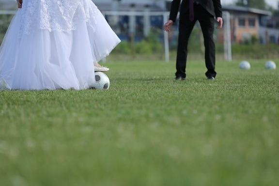 ball, bride, football, football player, game, groom, sport, wedding, wedding dress, competition