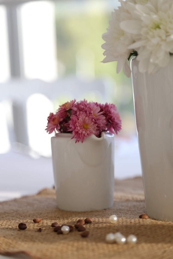 beads, elegance, flower, pinkish, porcelain, reflection, vase, white, white flower, container