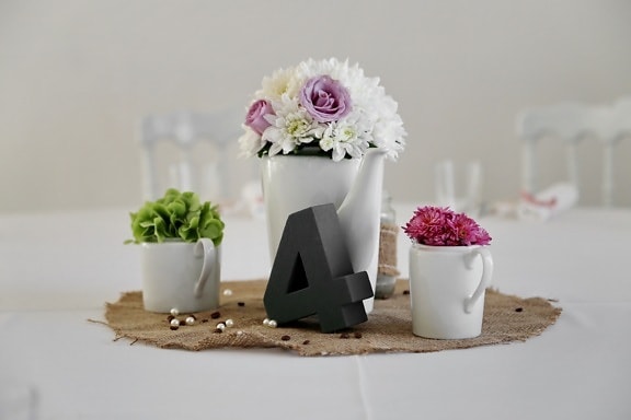 arrangement, bouquet, dining area, elegance, lunchroom, mug, pitcher, porcelain, tablecloth, vase
