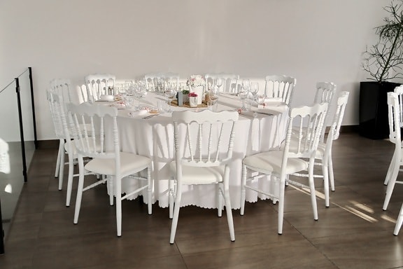 chairs, dining area, empty, luxury, white, chair, table, furniture, interior, dining