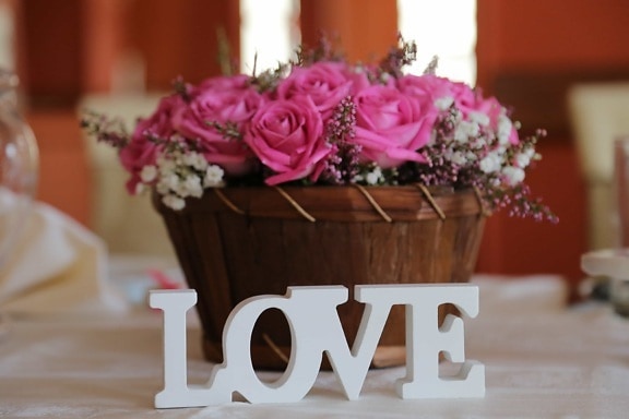 interior decoration, interior design, love, romantic, shape, still life, tablecloth, text, wicker basket, pink
