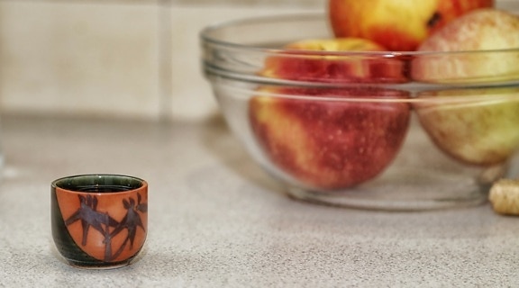 apples, bowl, drink, liquid, mug, glass, cup, tea, food, breakfast