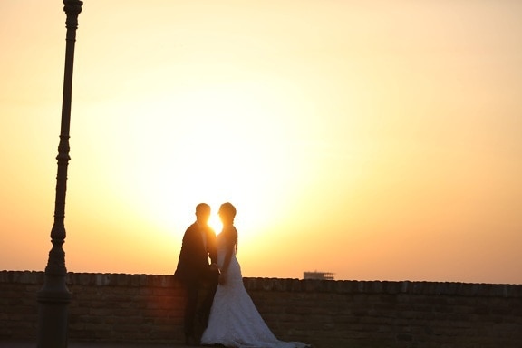 backlight, bride, husband, sunset, sunspot, wedding dress, romance, wedding, silhouette, sun