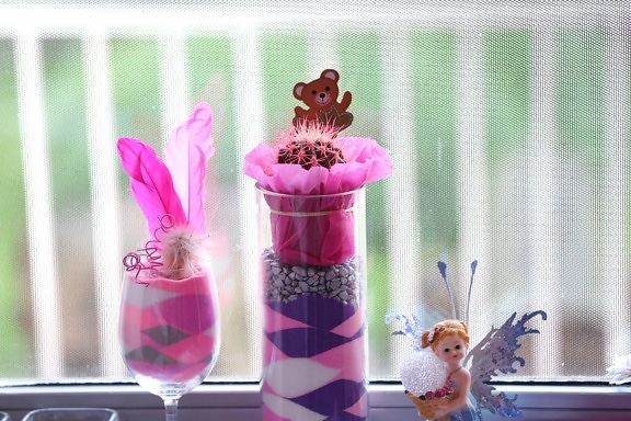 Cactus, colorato, decorazione, piuma, vetro, decorazione di interni, giocattolo, finestra, vaso, fiore