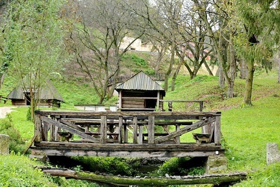 bridge, cottage, countryside, hillside, rural, village, nature, wooden, tree, wood