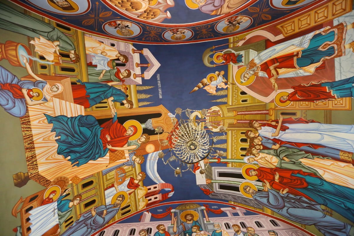 cathedral, ceiling, chandelier, christianity, colorful, fine arts, monastery, mural, saint, equipment
