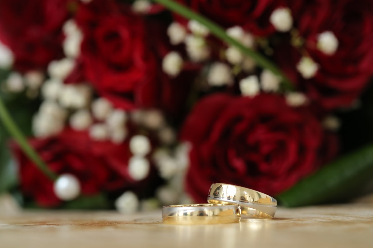 ゴールド, 黄金の輝き, 手作り, 反射板, ウェディングブーケ, 結婚指輪, 花, 愛, ローズ, 結婚式