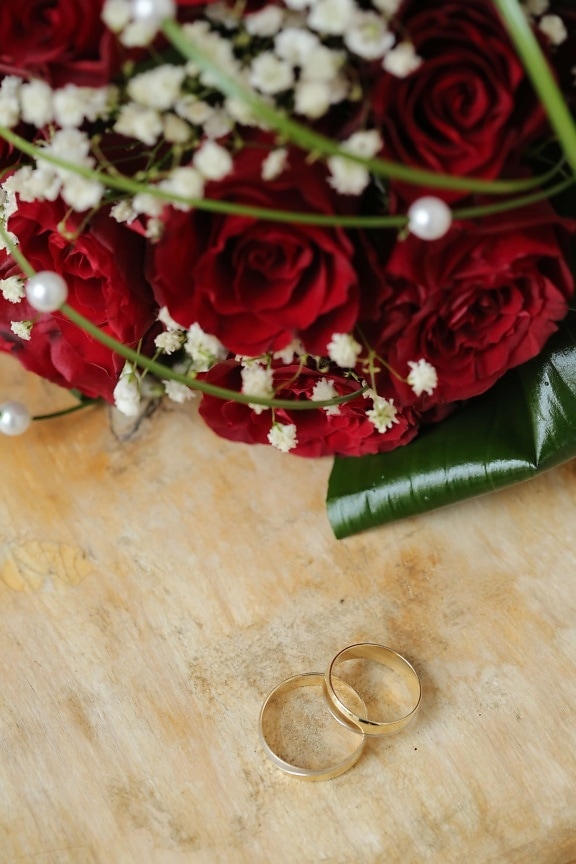 ouro, vermelho, anéis, rosas, buquê de casamento, anel de casamento, arranjo, decoração, rosa, amor
