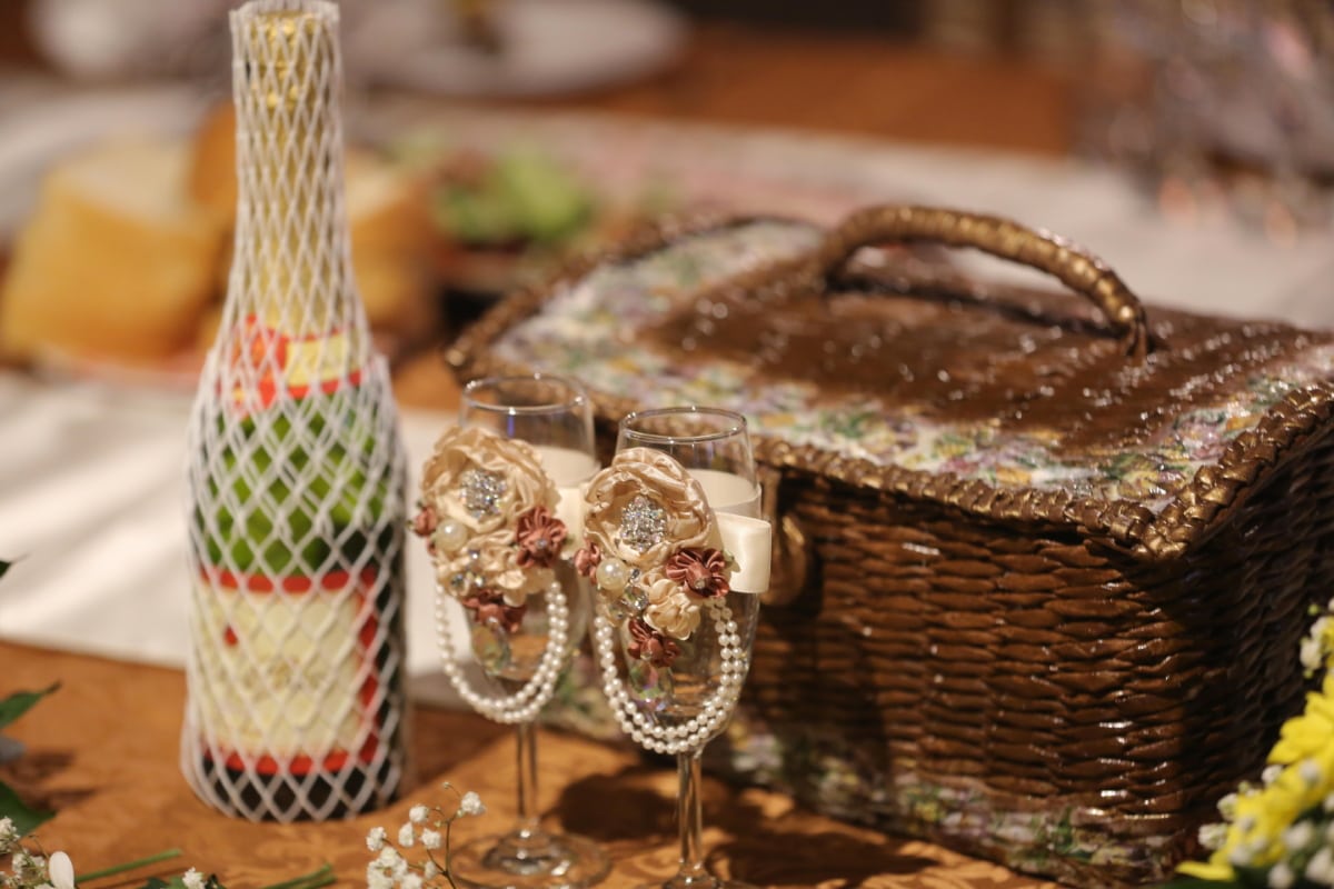 beautiful photo, champagne, decorative, glass, handmade, party, white wine, wicker basket, wine, traditional