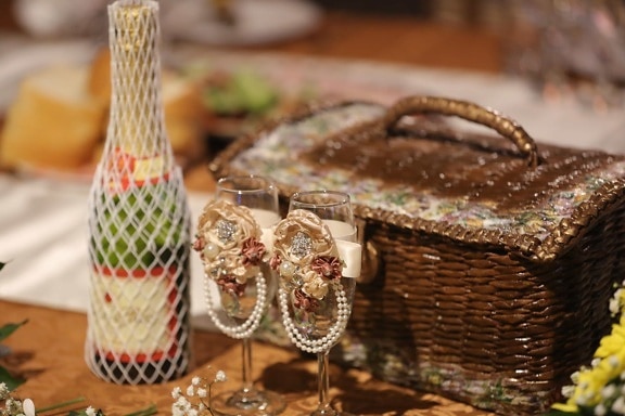 beautiful photo, champagne, decorative, glass, handmade, party, white wine, wicker basket, wine, traditional