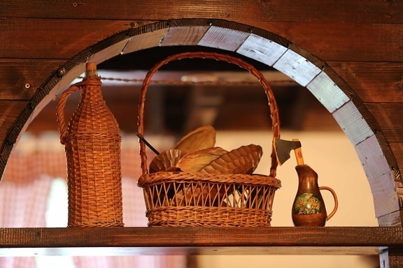 bottle, handmade, interior decoration, old, pitcher, shelf, vase, wicker basket, wooden, product