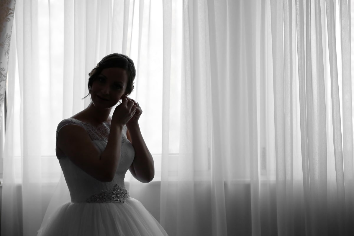 невеста, Церемония, великолепный, счастье, брак, портрет, позирует, милая девушка, улыбка, свадебное платье