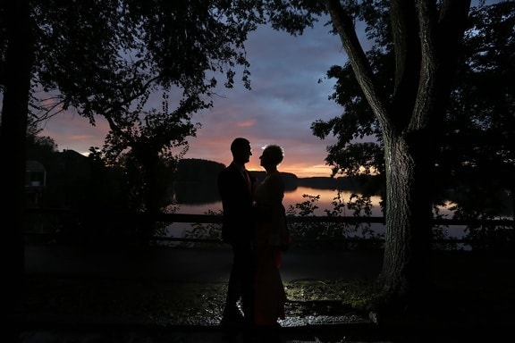 kjole, knus, ved søen, mand, nat, Smuk pige, skygge, sideudsigt, solnedgang, træer