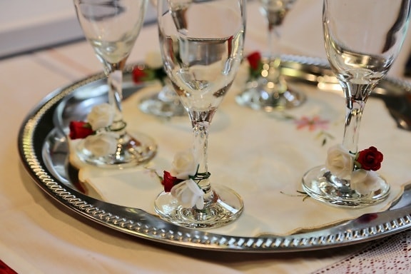 arrangement, champagne, crystal, decoration, drink, glass, tablecloth, white wine, winery, elegant
