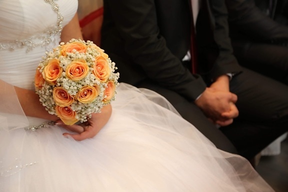 affection, bride, ceremony, groom, hands, marriage, veil, wedding, wedding bouquet, wedding dress