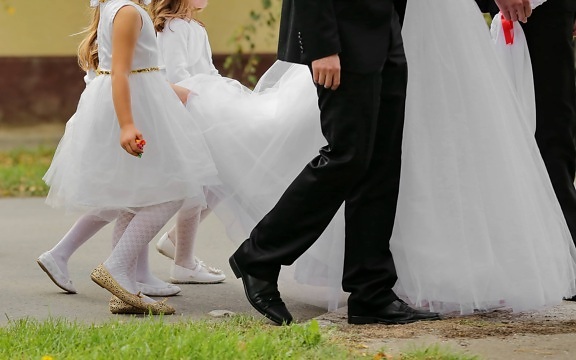 ceremony, children, fashion, legs, pretty girl, walking, wedding, wedding dress, bride, love