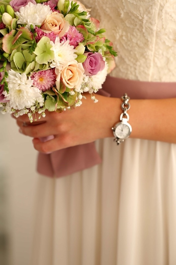belief, dress, elegance, romantic, wedding bouquet, wedding dress, wristwatch, religious, flowers, bride