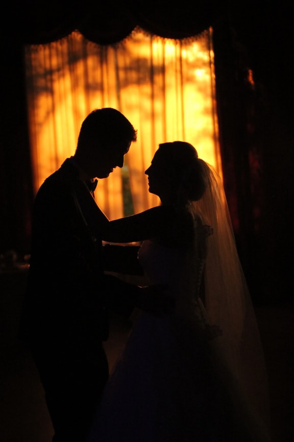 couple, happiness, hug, man, people, silhouette, smile, suit, veil, wedding dress