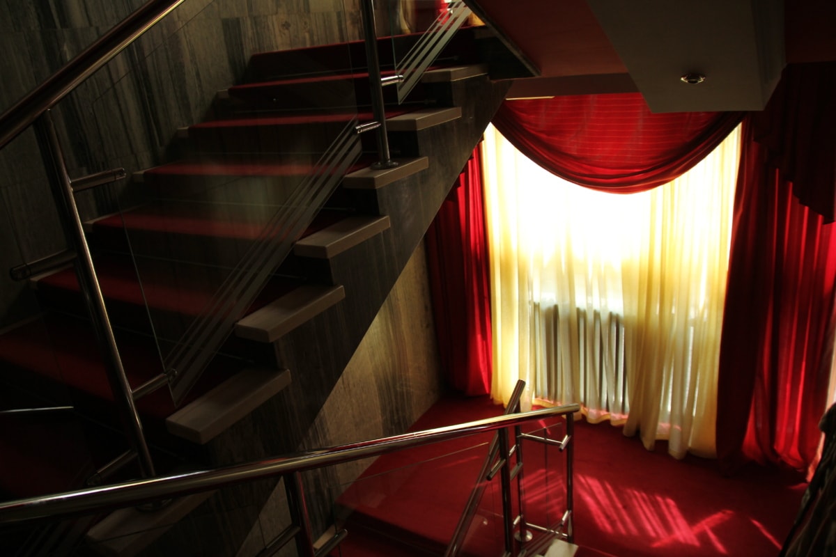 curtain, luxury, modern, red carpet, shadow, staircase, interior, architecture, wall, floor