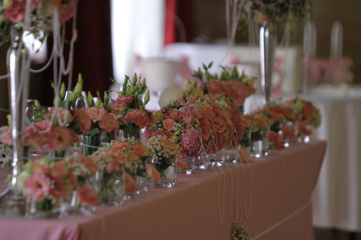 banquet, décoration, fleur, salle à manger, réception, mariage, herbe, Design d’intérieur, bouquet, vase
