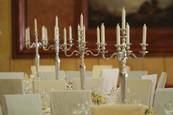 candles, dining area, elegance, lunchroom, silver, candlestick, candle, holder, celebration, religion
