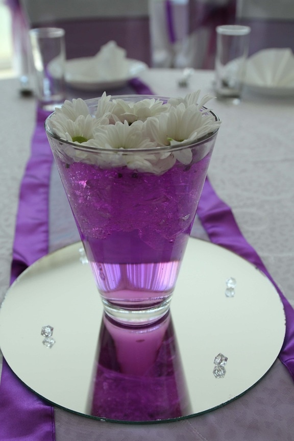 decorative, dining area, glass, ice water, lunchroom, mirror, purple, white flower, cup, elegant