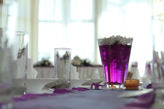 cutlery, dining area, elegance, lunchroom, napkin, purplish, restaurant, still life, tablecloth, vase