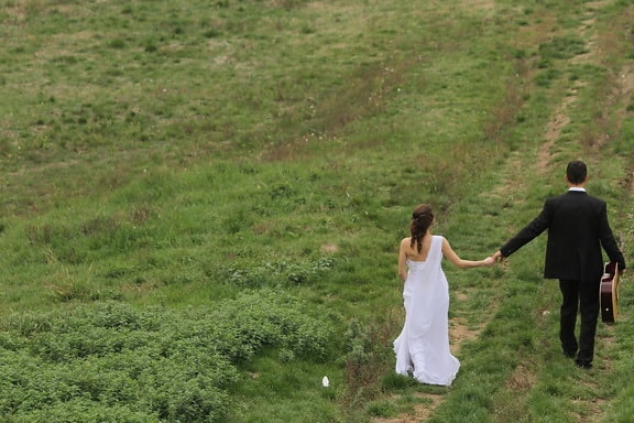 bride, downhill, groom, guitar, guitarist, happiness, road, romantic, grass, outdoors