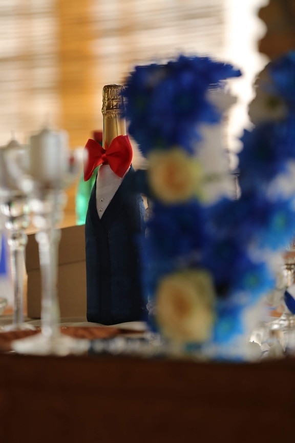 シャンパン, 装飾, パーティー, 結婚式, 白ワイン, お祝い, 花, ぼかし, 屋内で, 伝統的です