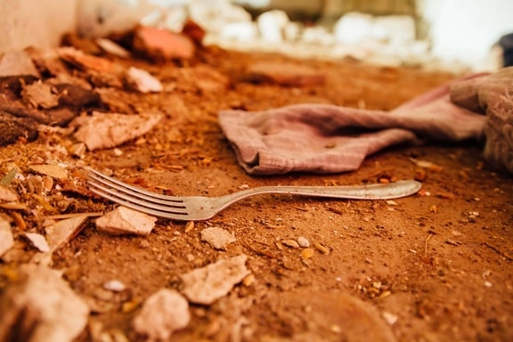 poverty, garbage, waste, trash, fork, wasteland, texture, brown, ground, cutlery