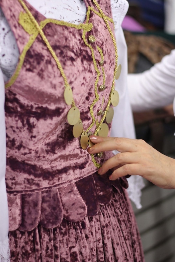 necklace, gold, folk, heritage, tradition, homemade, fashion, skirt, clothing, woman