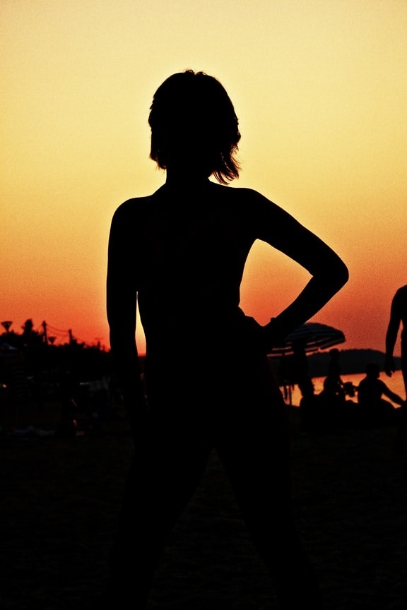 silhouette, shadow, sunset, body, pretty girl, tropical, beach, sun, girl, backlight