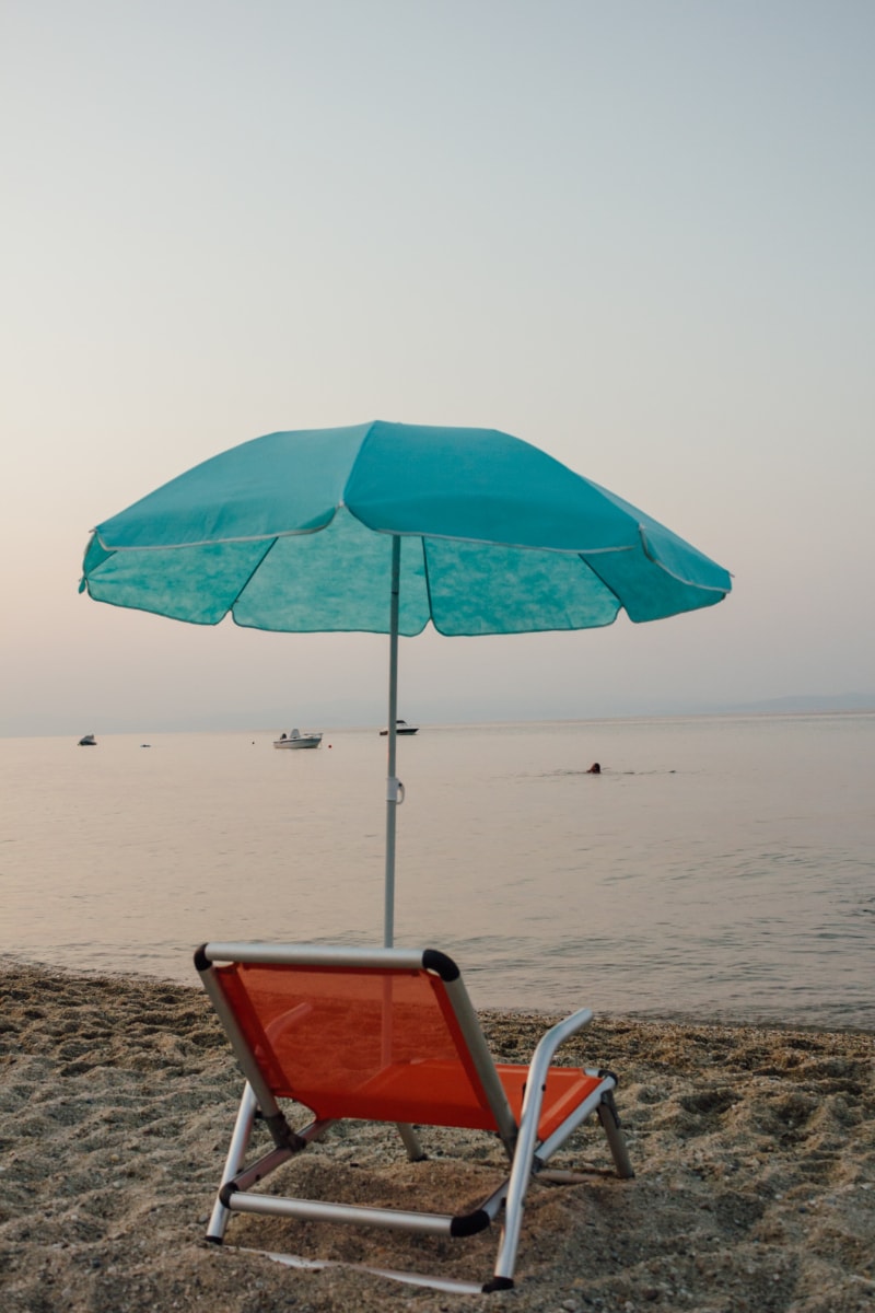 parasoll, paradis, stol, sommer, stranden, sand, sjøen, solen, kalesjen, vann