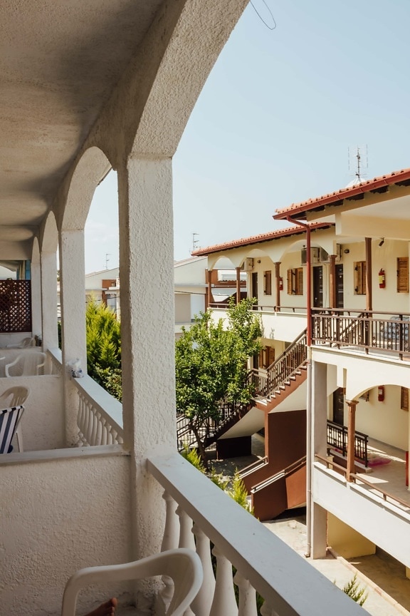 balcony, hotel, greece, tourism, resort area, architecture, building, structure, house, home