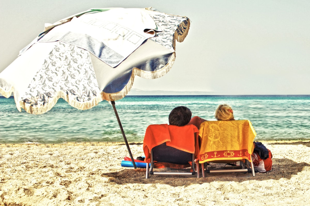relajación, novia, caliente, Playa, verano, novio, disfrute, parasol, sol, tropical
