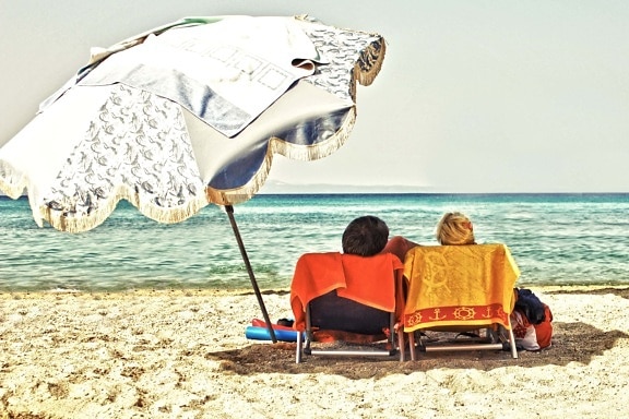 rilassamento, fidanzata, caldo, spiaggia, estate, ragazzo, voluttà, parasole, luce del sole, tropicale