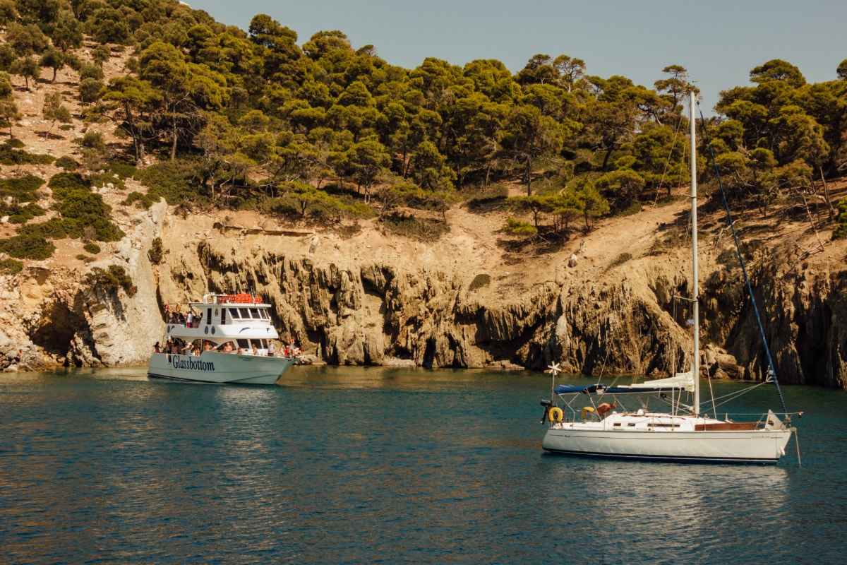 Grecia, acantilado, Yates, viajes, velero, barco de pesca, pescador, Puerto, agua, Mar