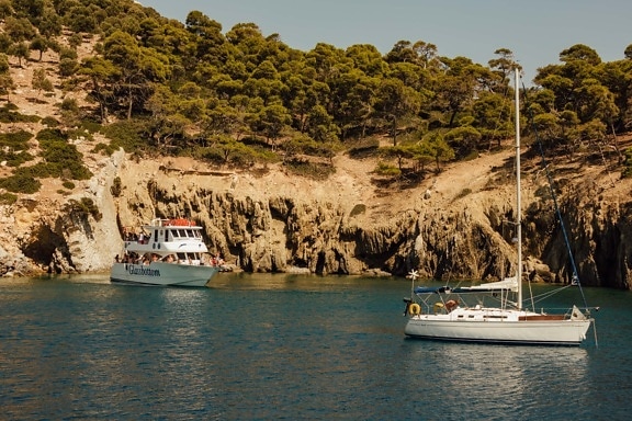 greece, cliff, yachts, travel, sailboat, fishing boat, fisherman, harbor, water, sea
