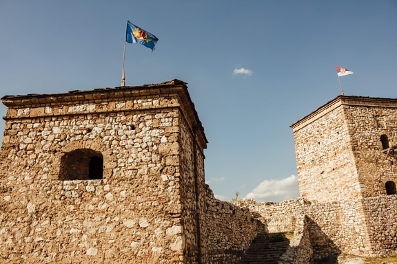 medieval, fortification, flag, tower, rampart, fortress, wall, stone, old, architecture