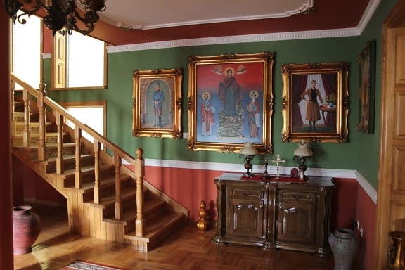 orthodox, staircase, icon, fine arts, living room, anteroom, interior design, indoors, room, altar