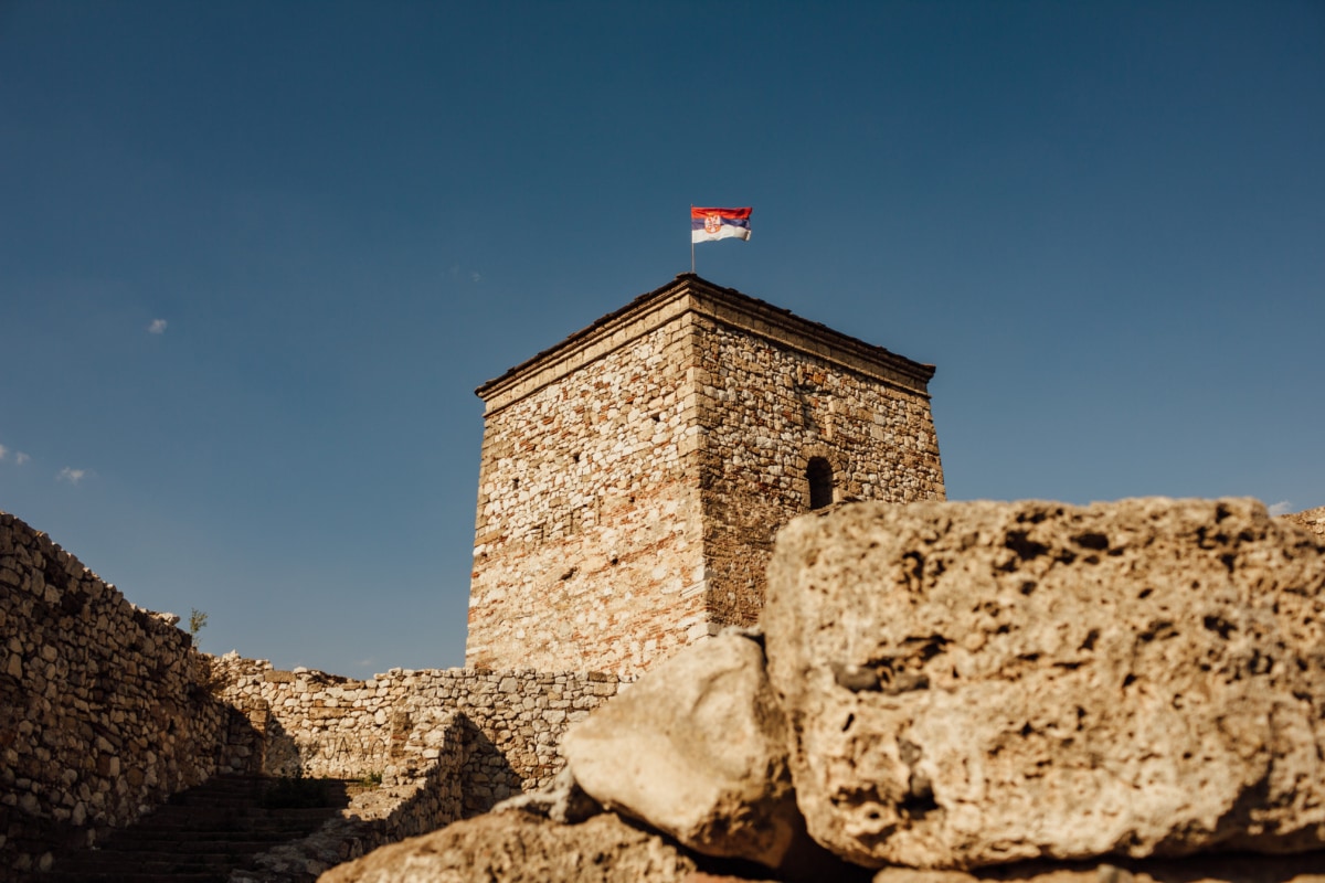 Serbia, flag, castle, medieval, fortification, tower, architecture, stone, fortress, outdoors