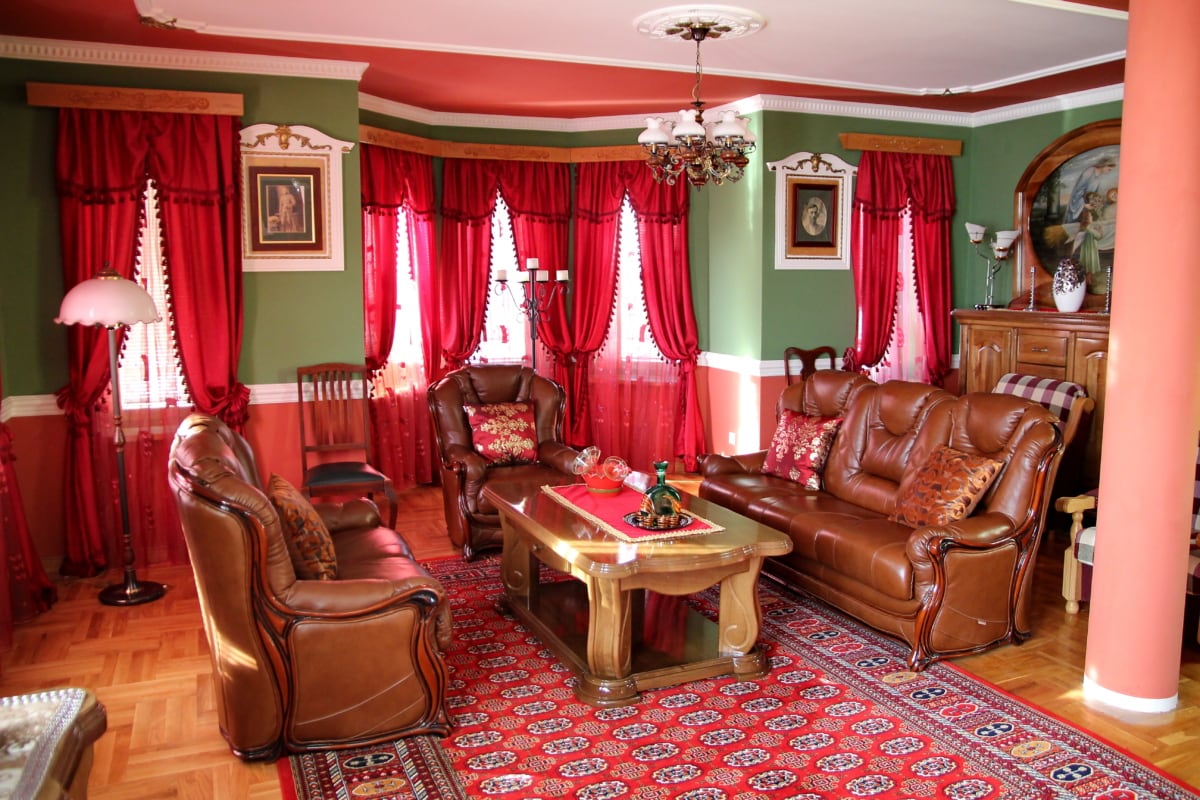 leather, living room, sofa, chandelier, curtain, couch, interior, floor, room, home