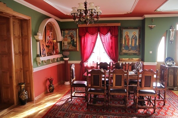 部屋, 家具, セルビア, ダイニング エリア, 伝統的です, 宗教的です, ホーム, 椅子, 家, 座席