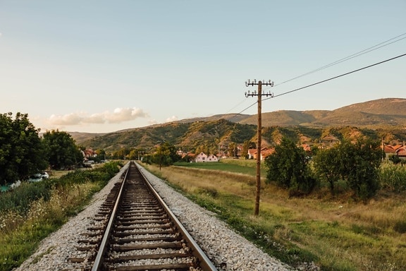 railway, countryside, village, rural, railroad, landscape, road, nature, wire, infrastructure
