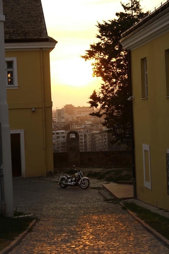 cityscape, street, motorcycle, sunset, downhill, panorama, structure, house, home, patio
