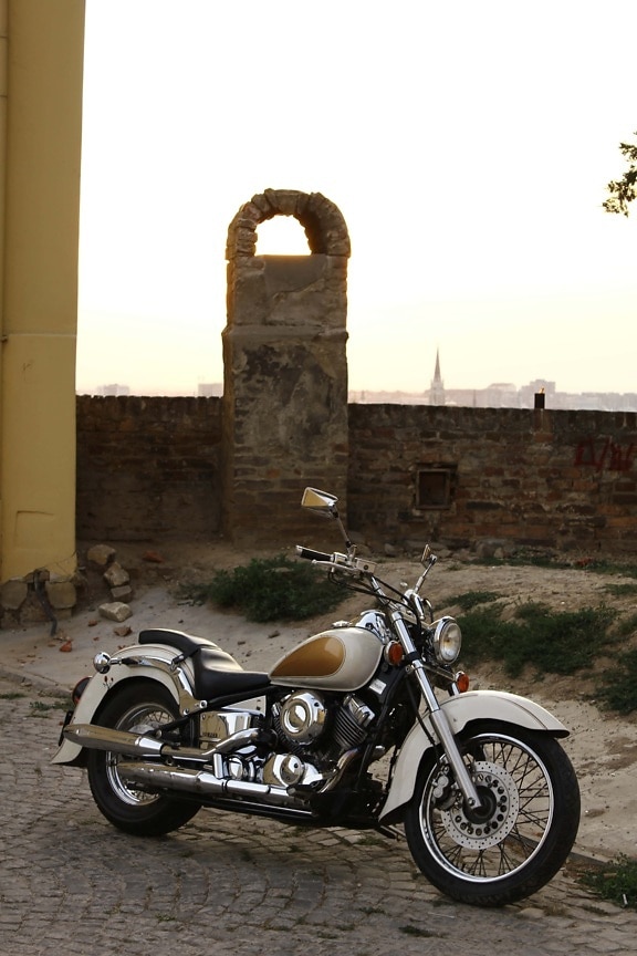 motorcycle, street, metallic, chrome, side view, antique, old, architecture, classic, outdoors