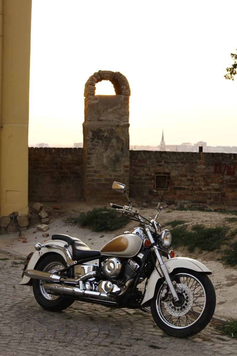 motorkerékpár, utca, fémes, Króm, Oldalnézet, antik, régi, építészet, klasszikus, szabadban