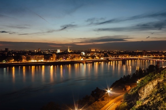 panorama, cityscape, nighttime, riverbank, Europe, pier, sunset, dawn, waterfront, city