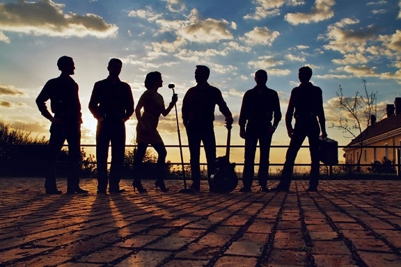 silhouette, band, group, musician, artist, singer, guitarist, sunset, people, dawn