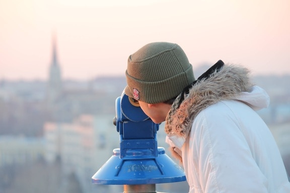 cityscape, binoculars, tourist, woman, winter, outdoors, nature, water, cold, city